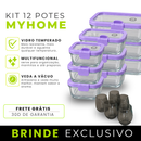 Kit 12 Potes Herméticos MyHome em Vidro Temperado e Tampa com Vedação a Vácuo + 8 Copos Fumê
